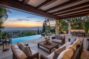 Obraz premium The outdoor area of a luxurious cozy home with a pool, minimal decor, and great views.