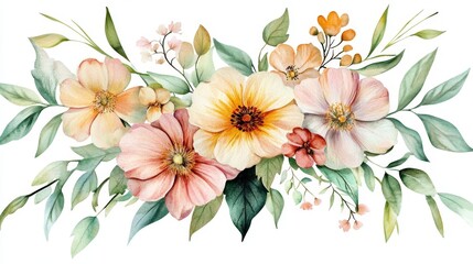 Obraz premium A vibrant watercolor floral arrangement featuring various blooms and lush green leaves, perfect for decoration and design projects.