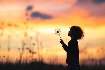Silhouette of child blowing dandelion seeds at sunset.  Hope, wishes, dreams and childhood concept