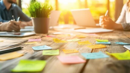 Group brainstorming around a table covered with sticky notes and sketches, collaboration and creative business solutions