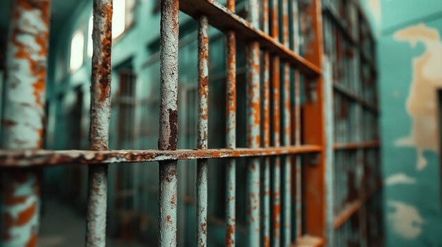 Close-up image of rusted prison cell bars in a dimly lit hallway, showing weathered and peeling paint with a blurred background of more cells.