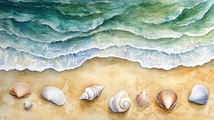 Beautiful beach scene featuring colorful seashells on golden sand with gentle waves lapping at the shore.