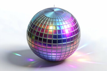 Close-Up Flat Holographic Disco Ball Illustration Emitting Glowing Light Rays with Mesmerizing Reflections on White Background for Creative Designs