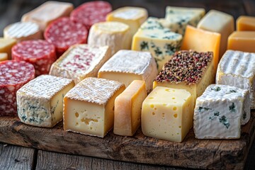 Assortment of cheese on wooden table, closeup. Dairy products. Cheese Selection. Large assortment of international cheese specialities.
