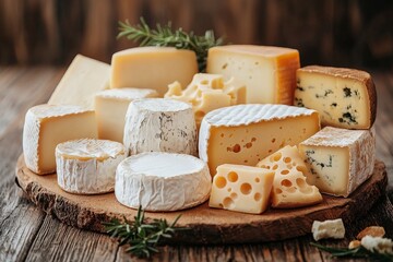Assortment of cheese on wooden table, closeup. Dairy products. Cheese Selection. Large assortment of international cheese specialities.
