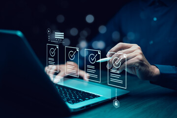 checklist and clipboard task documentation management, business people working laptop checklist...