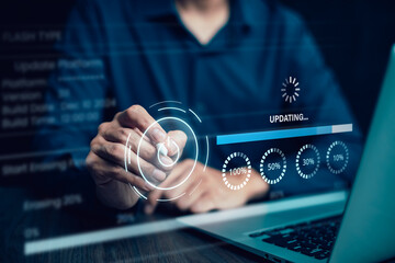 Man using laptop with Update Software Computer Program Upgrade Business Technology Internet, Update on virtual screen. Internet and technology concept, loading bar with installing the update.