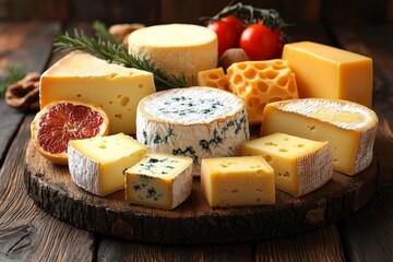 Assortment of cheese on wooden table, closeup. Dairy products. Cheese Selection. Large assortment of international cheese specialities.
