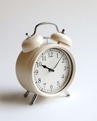 A classic cream-colored alarm clock with chrome accents, a perfect addition to any bedside table.