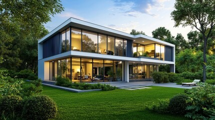 Fototapeta premium A modern home with a concrete terrace and an empty grass floor. A 3D render of a green lawn in a modern home.