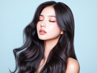 Naklejka premium A woman with long dark hair is sitting with her eyes closed