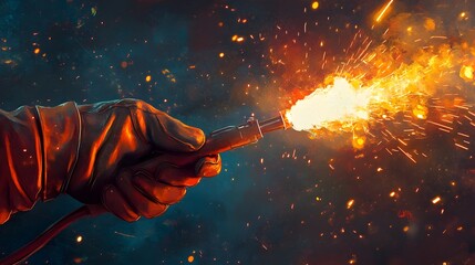 Welder&rsquo;s Hand Holding a Welding Torch: A welder's gloved hand holding a welding torch, with sparks flying in the background. 
