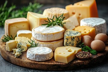 Assortment of cheese on wooden table, closeup. Dairy products. Cheese Selection. Large assortment of international cheese specialities. 