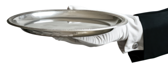PNG Silver tray being held by a hand service serving person.