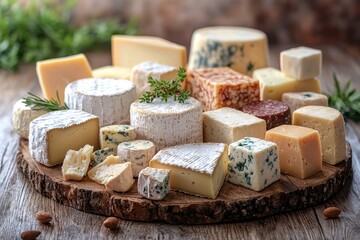 Assortment of cheese on wooden table, closeup. Dairy products. Cheese Selection. Large assortment of international cheese specialities. 