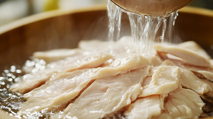 Thin slices of freeze-dried chicken being rehydrated in hot water