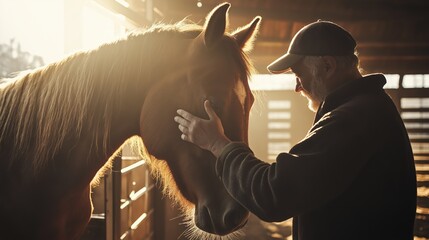An engaging image of a farmer gently petting a horse in a sunlit stable
