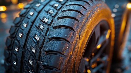 Fototapeta premium Close-up of a Wet Tire with Studs