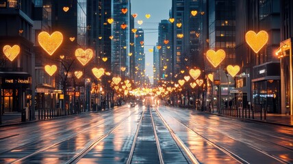 A city street with a lot of lights and many hearts