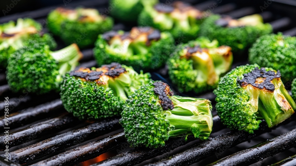 Sticker A close up of a grill with broccoli on it cooking, AI