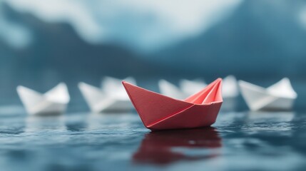 Close-up of a red origami paper boat standing out among white boats on a reflective surface, symbolizing leadership and individuality.