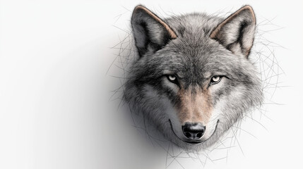 A detailed illustration of a wolf's head with realistic fur textures, set against a minimalistic white background. The wolf has piercing eyes and a calm expression.