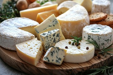 Assortment of cheese on wooden table, closeup. Dairy products. Cheese Selection. Large assortment of international cheese specialities.
