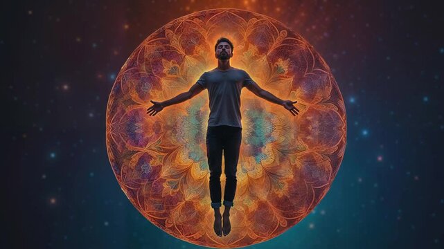 Adult man floating inside a glowing orb on a cosmic psychedelic trip.