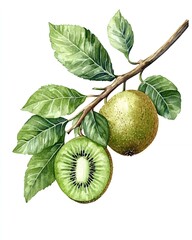 Fresh kiwi fruit on a branch with green leaves. Watercolor illustration.