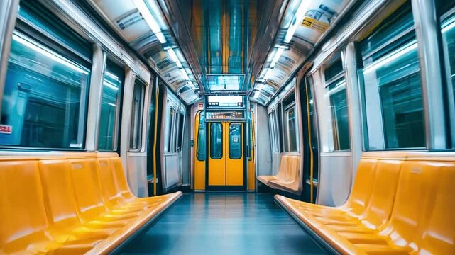 An empty subway train features bright yellow seats and vibrant overhead lights, emphasizing the tranquility of a weekday commute