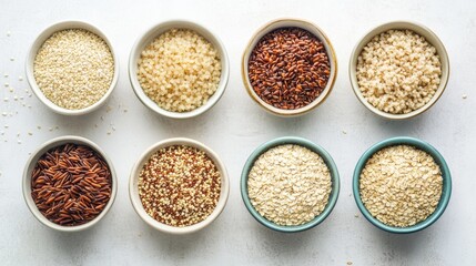 A variety of whole grains in bowls, including brown rice, quinoa, bulgur, and oats, set against a neutral background.