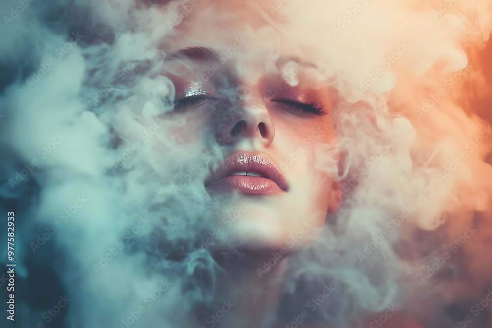 Sticker Mystical woman surrounded by colorful smoke, ethereal and dreamy concept photo