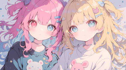 Fototapeta premium Adorable Chibi Anime Girls in Love – Kawaii Couple Art