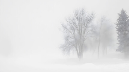 Fototapeta premium Trees bending under the weight of snow and wind, barely visible through