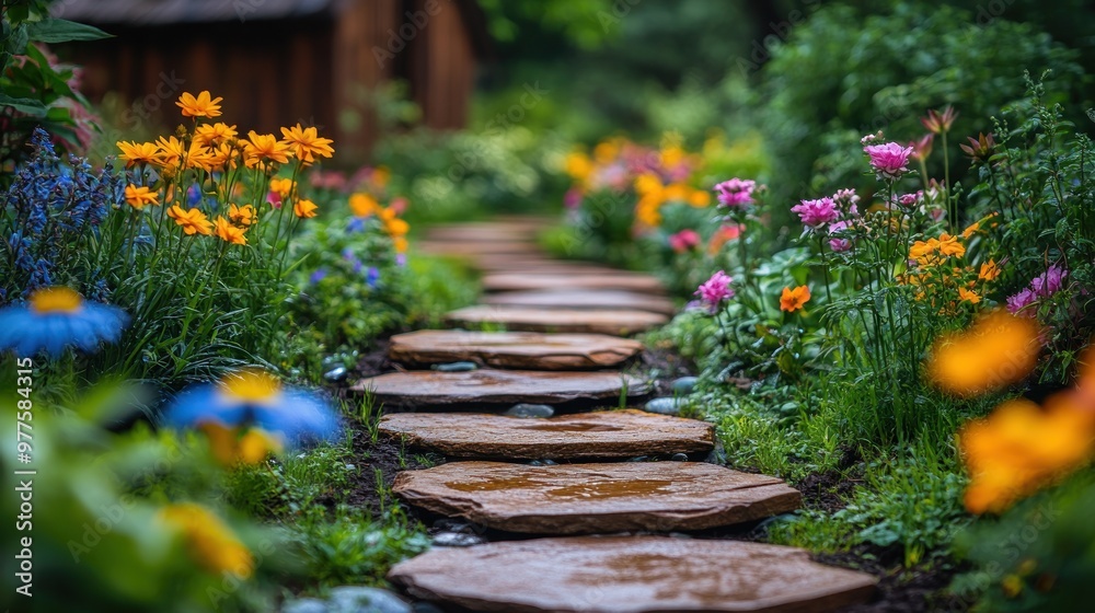 Wall mural Stone path in a lush garden