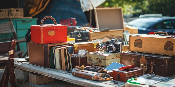 An assortment of vintage items on display at an outdoor flea market, including suitcases, cameras, and books.