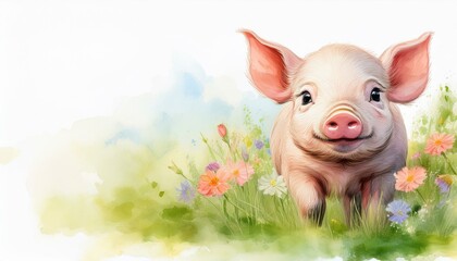 Adorable watercolor illustration of a piglet standing in a grassy field surrounded by colorful wildflowers, exuding charm and cheerfulness.