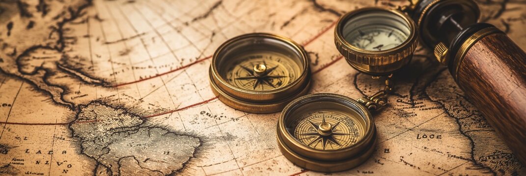 An antique map spread out on a wooden table, accompanied by navigational tools such as compasses, indicative of exploration.