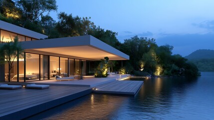 Fototapeta premium house with large windows facing the river