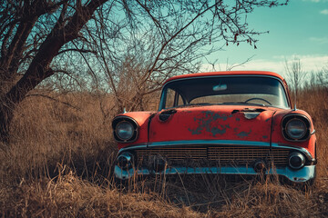 Fototapeta premium A rusty vintage car abandoned in a dry grassy field during daylight, under clear skies.