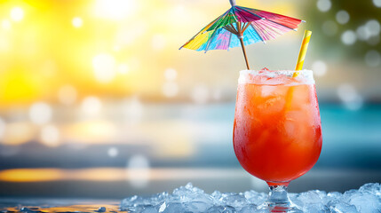 tropical cocktail with crushed ice, a colorful umbrella, and a straw sticking