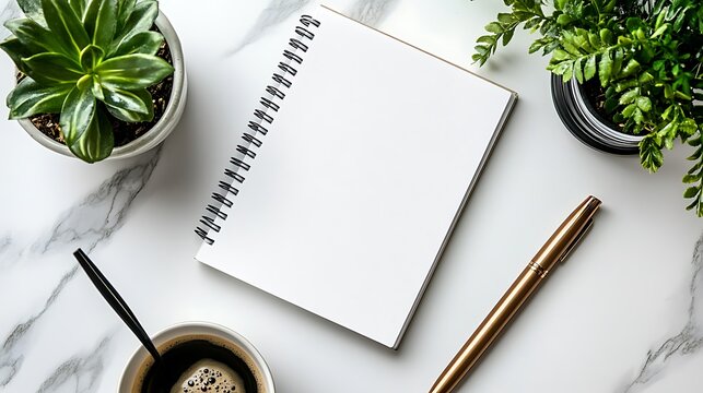 A modern desk setup with an elegant pen and notebook, neatly arranged. Clean design with space for text or a headline, perfect for magazine layouts