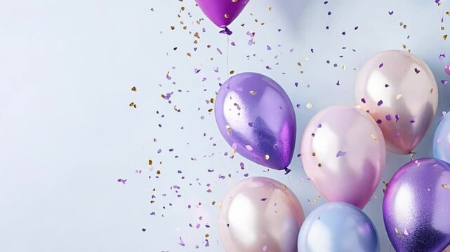 Vibrant balloons in shades of pink and blue are scattered with confetti, creating a joyful atmosphere for a celebration