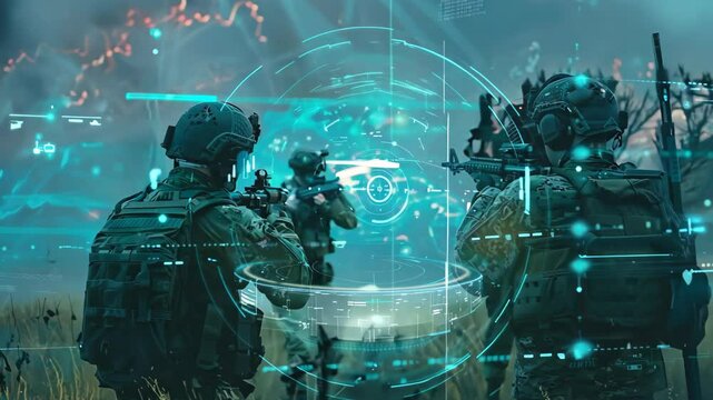 A vibrant two soldiers in tactical gear engaged in a simulated combat exercise in an open field. Holographic interfaces enhance the high-tech atmosphere, emphasizing modern warfare and teamwork.