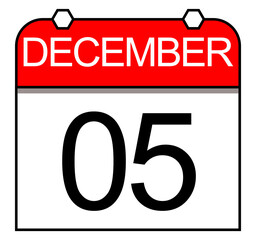 December 5, Square daily calendar on transparent background. Representation of a day of the year.