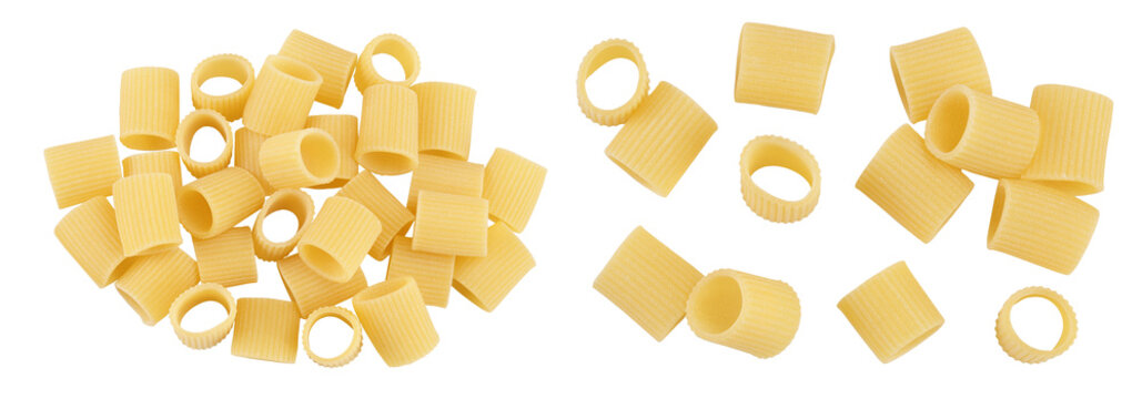 raw italian pasta isolated on white background. Mezze Maniche Rigate Bronze die. Top view. Flat lay