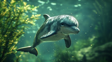 Baby porpoise swimming through clear water