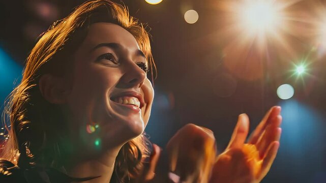 A young woman claps joyfully during a live performance, her long hair flowing over her relaxed outfit. blurred audience and bright lights create a celebratory atmosphere.