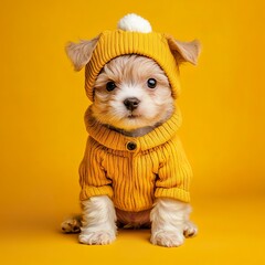 Funny cute puppy in baby clothes, creative minimal concept on yellow background. Hipster puppy dog in fashionable outfit for sale, poster, shopping, advert,