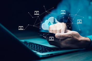 Obraz premium Cloud technology concept Global network of metaverse systems concept, Man hand touch data with internet cloud technology and File Transfer backup copy,Global business Internet for Telecommunication